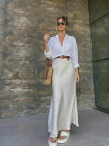 Women's Long Midi Satin Skirt With Elastic And Lining. - 白色 - 查看 4