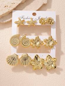 1/6 Pairs New Fashion Gold Smooth Rose, 5-Petal Flower, Leaf, Starfish, Seashell Stud Earrings Set, Suitable For Women And Girls Daily Wear, Fashionable And Elegant, Can Match Different Outfits - Gold - View 8