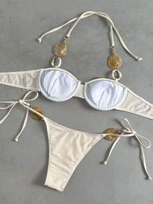 Bikinx Bộ bikini nữ gợi cảm màu trơn, hở lưng, buộc dây phía trước, xếp ly, có gọng, thích hợp cho bãi biển và kỳ nghỉ hè. - Màu be - Xem 6