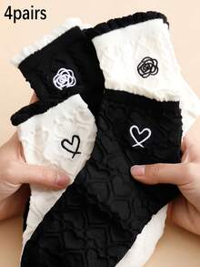 4双装女士低帮袜 - 华夫格针织花呢心形山茶花刺绣泡泡袜口，适合春夏穿着 - 彩色 - 查看 6