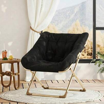  Techigher Folding Saucer Chair,Moon Chair For Adults,Comfortable Lounge Chair With Soft Faux Fur Cushion,Foldable Metal Frame,For Reading Apartment Dorm Bedroom Living Room Office