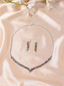 1件項鍊+1對耳環,時尚奢華鑲嵌鑽石項鍊&耳環套裝,適合婚禮、宴會、派對上的新娘