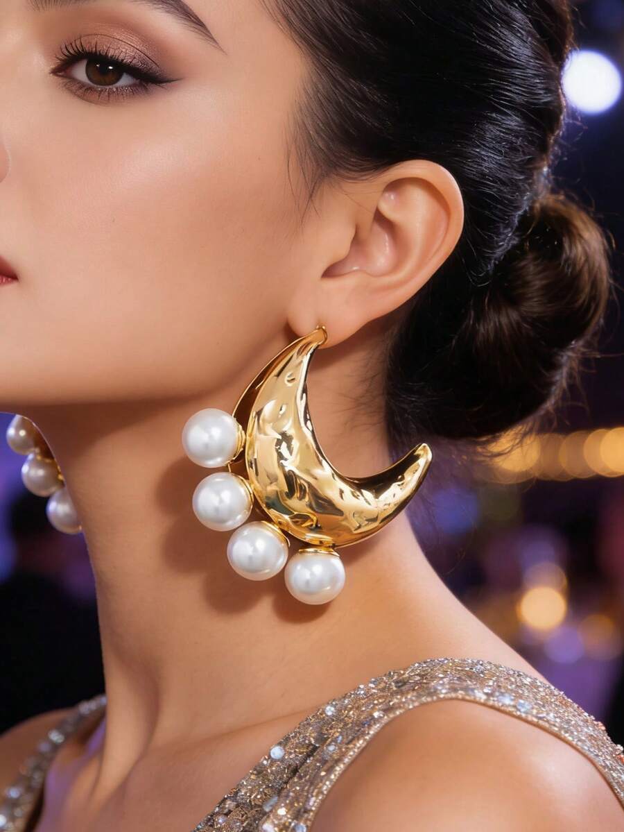 Hoa tai thời trang hình chữ C, kiểu dáng phóng đại, đính trăng khuyết và ngọc trai giả, dành cho nữ (Không kèm hộp quà) - Nhiều màu - Xem 1