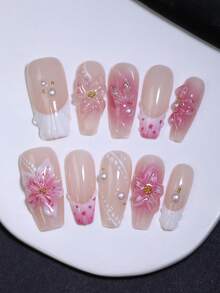 10片棺材形长款奢华浪漫3D立体花卉手工按压式美甲贴片，粉色渐变珍珠蝴蝶吊坠法式风格假指甲，可重复使用，适用于婚礼和派对美甲，美甲用品 - 粉色 - 查看 6