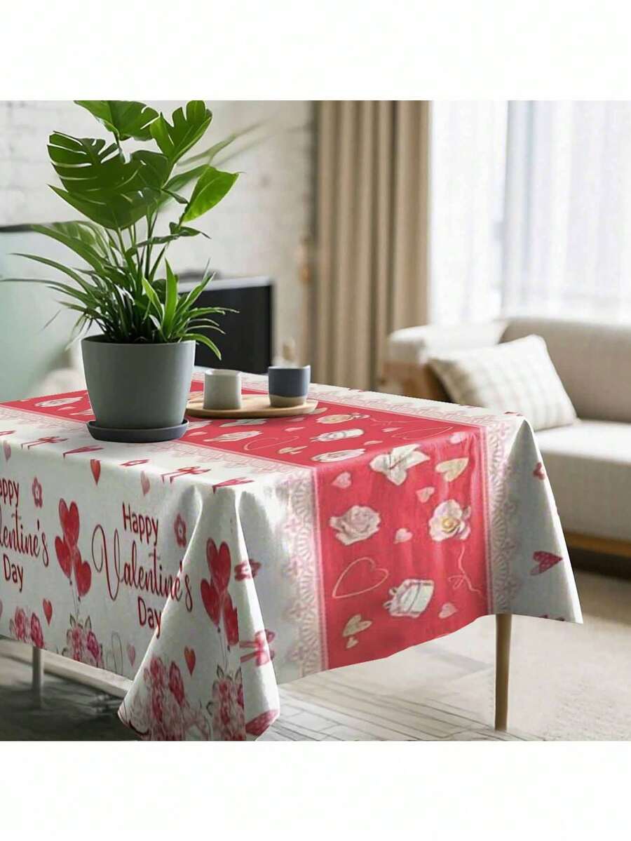 1pc Heart-Shaped Tablecloth, Rectangular, Waterproof, Stain-Resistant Valentine's Day Tablecloth, Easy To Clean, Rectangular Tablecloth - Multicolor - View 1