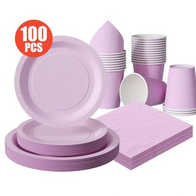 1 Set Disposable Party Supplies For 25 Guests, Including Pink & Purple Paper Plates, Napkins, Cups, Suitable For Birthday, Wedding, Theme Party, Family Picnic