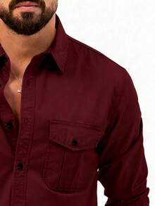 Camisa de manga larga casual de negocios color caqui para hombres, camisa de botones de manga larga de unicolor y versátil - Burdeos - Ver 5
