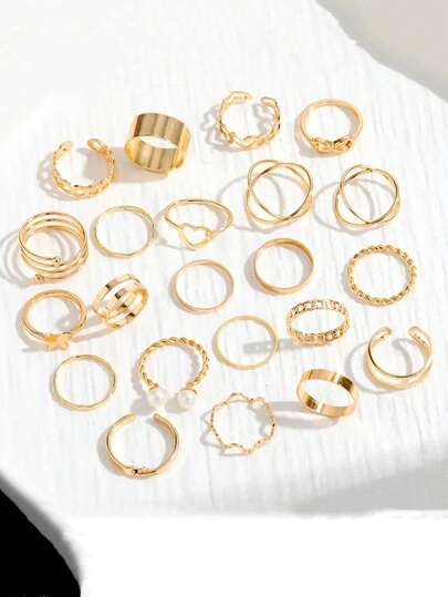 22PCS Stacking Rings Set For Women -Heart/Butterfly/Pearl Knuckle Rings - Adjustable Stackable Midi Rings For Party Daily Wear