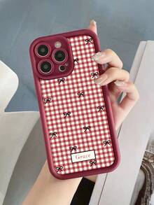 1pc Customized Text Phone Case, Red Plaid Bow Design TPU Thick Edge Full Body Shockproof Silicone Lens Protection Phone Case Compatible With Samsung Compatible With IPhone 17/17Pro/17ProMax/17Air/16/16Pro/16ProMax/16Plus/15/15Plus/15Pro/15ProMax/14/14Plus/14Pro/14ProMax/13/13Pro/13ProMax/12/11 Phone Accessories, Premium Protection Cover - Burgundy - View 5