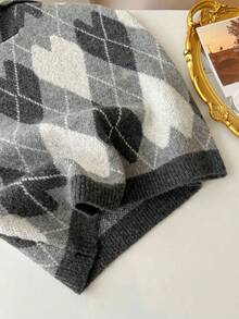 1 pieza Chaleco de estilo universitario de moda para mujer, chaleco de jacquard con diseño de corazón argyle, top de chaleco suave y versátil, top sin mangas con cuello, chaleco de suéter de punto, chaleco casual y vintage - Multicolor - Ver 7