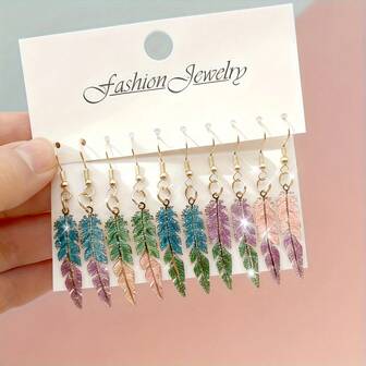 5对/套闪亮渐变羽毛耳环套装，时尚独特空灵优雅耳环，个性吸睛的多色组合耳环，适合作为礼物、节日、派对和各种场合佩戴。