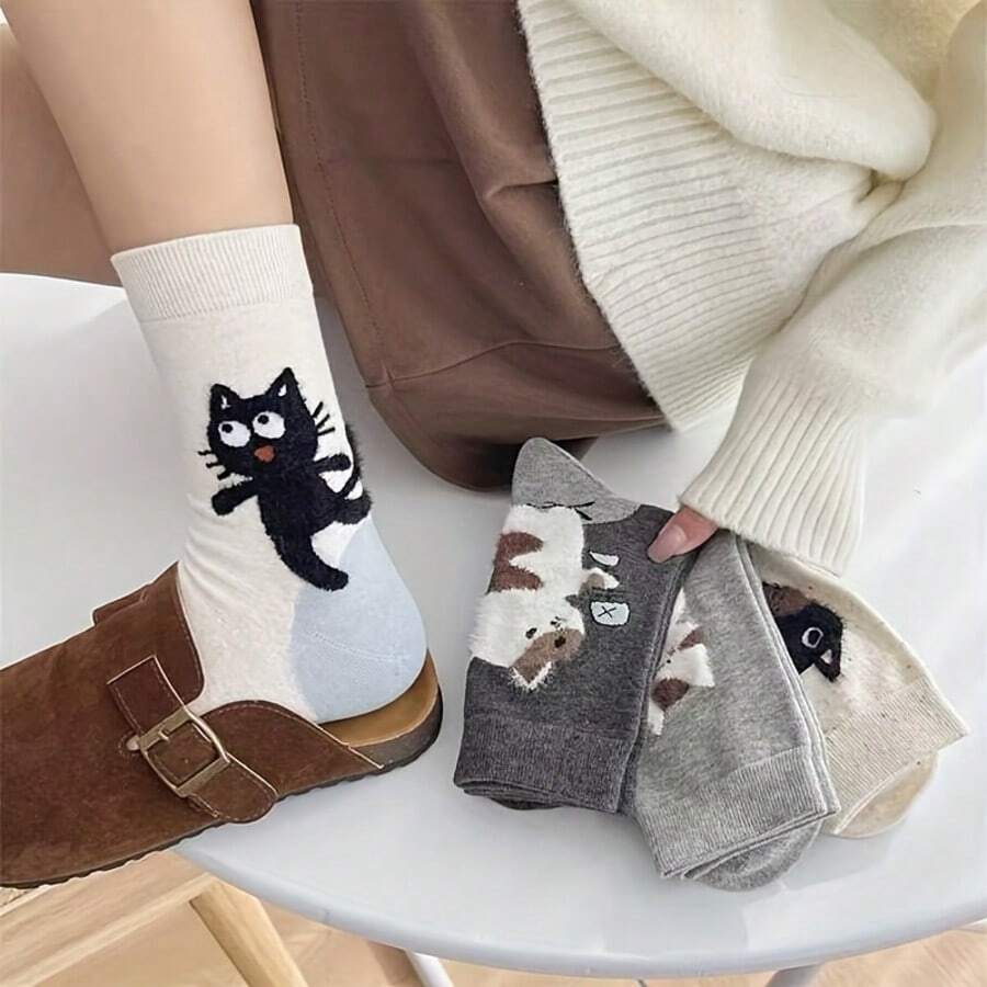 4 pares de nuevos diseños de primavera/otoño, lindos calcetines de tacón de gatito de dibujos animados, con forma ajustada de gato, de moda hasta la pantorrilla - Multicolor - Ver 1