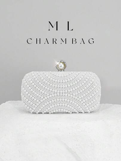 1pc Elegant Faux Pearl Box Clutch, Romantic Wedding Party Wallet With Luxury Crystal Decor, Formal Event Shoulder Bag Suitable For Bride, Wedding Handbag