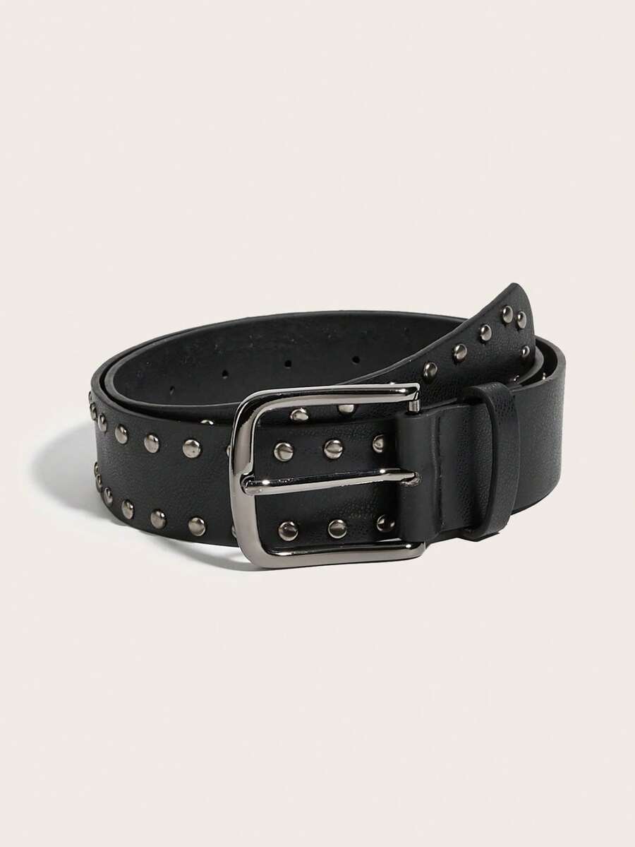 1pc Women's Vintage Gold Square Buckle Rivet Belt, Suitable For Dresses And Coats - Black - View 1