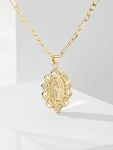 1pc Classic European Style Copper Inlaid Zirconia Sunflower Guadalupe Virgin Mary Pendant Necklace, Limited Edition, Suitable For Christmas/Thanksgiving/Halloween/Mother's/Valentine's Day Gifts, Catholic First Communion, Everyday Wear And Prayer - Yellow Gold - View 5