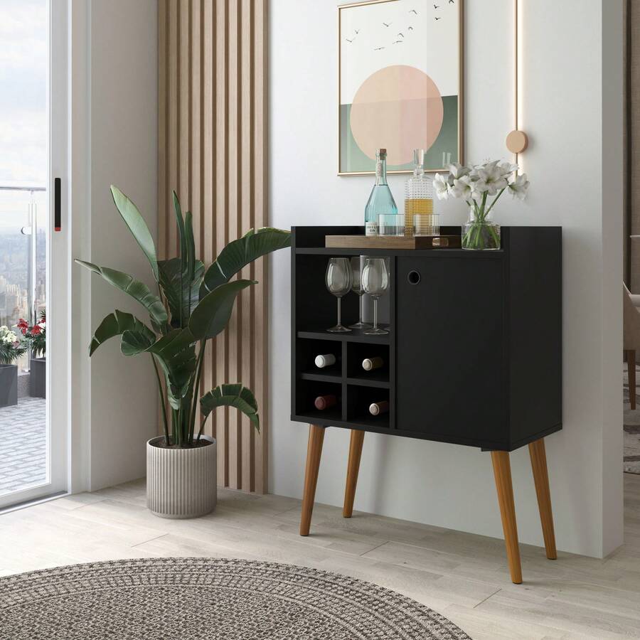 Retro Buffet Sideboard With Spindle Legs, Door And Shelves, For Living Room, Office, Or Coffee Corner - màu đen - Xem 1
