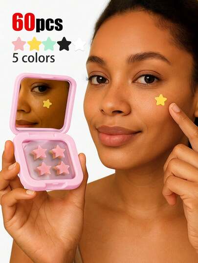 60pcs/Box Cute Star Shaped Decorative Stickers, Waterproof & Breathable, Lightweight & Comfortable Design, Skin-Friendly Material, Suitable For Bathing, Unisex, Adorable Design Popular Among Young Women, Large Capacity, High Cost-Performance, Party Stickers, Decorative Stickers, With Mirror, Economical, Room Decor, Travel, Bedroom, Party, Nightclub, Bar, Birthday (Pink/Yellow/Green/White/Black)