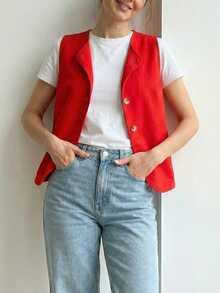 Women's Fashion Round Neck Sleeveless Vest, Polyester Material, Regular Length, Snap Button Detail, Medium Stretch, Suitable For Spring/Summer Casual Outings - Red - View 8