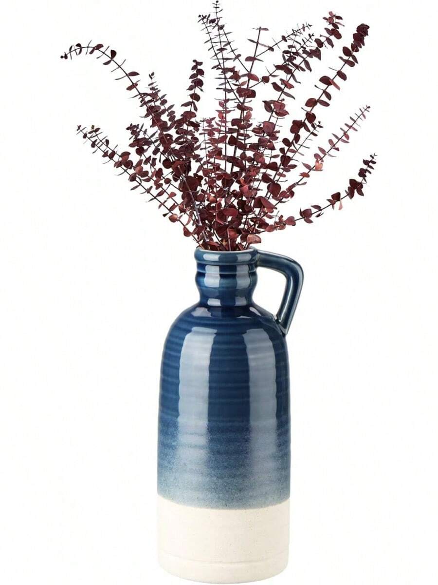 12.5" Blue Ceramic Vase For Home Decor Large Decorative Vase Boho Pottery Bud Vase For Flowers Rustic Farmhouse Tall Single Flower Vase For Centerpieces Pampas Grass - 藍色 - 查看 1