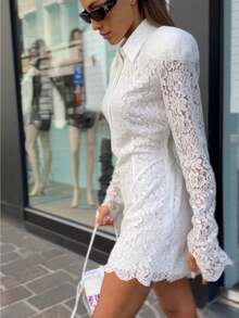 Lace Dress High-End Temperament Autumn And Winter New Long-Sleeved Jacquard Fashion Sexy Women's Dress - 白色 - 查看 5