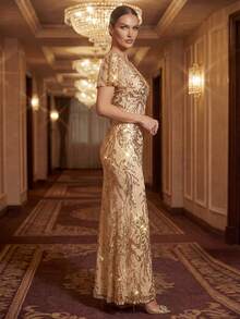 EVERPRETTY Đầm dạ hội nữ thanh lịch và quyến rũ, xẻ tà cao, xếp ly, đính sequin vàng, thích hợp cho các buổi dạ tiệc, tiệc tùng, sự kiện trang trọng, các dịp bán trang trọng, đám cưới, tiệc mùa xuân. - Vàng - Xem 7