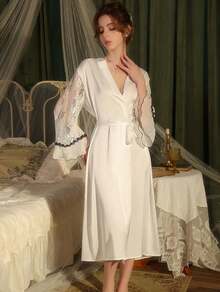 New Silky Satin Nightgown Pure Desire Lazy Lace Decoration Sexy Open Placket Long Robe Set - 白色 - 查看 7