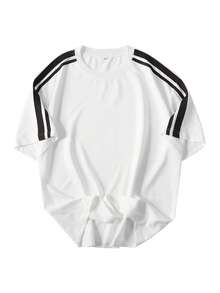 Men's Fashionable Athletic Short-Sleeved T-Shirt With Double Stripes, Simple Round Neck, Suitable For Everyday Casual Wear In Spring And Summer, And For Street Style. - White - View 2