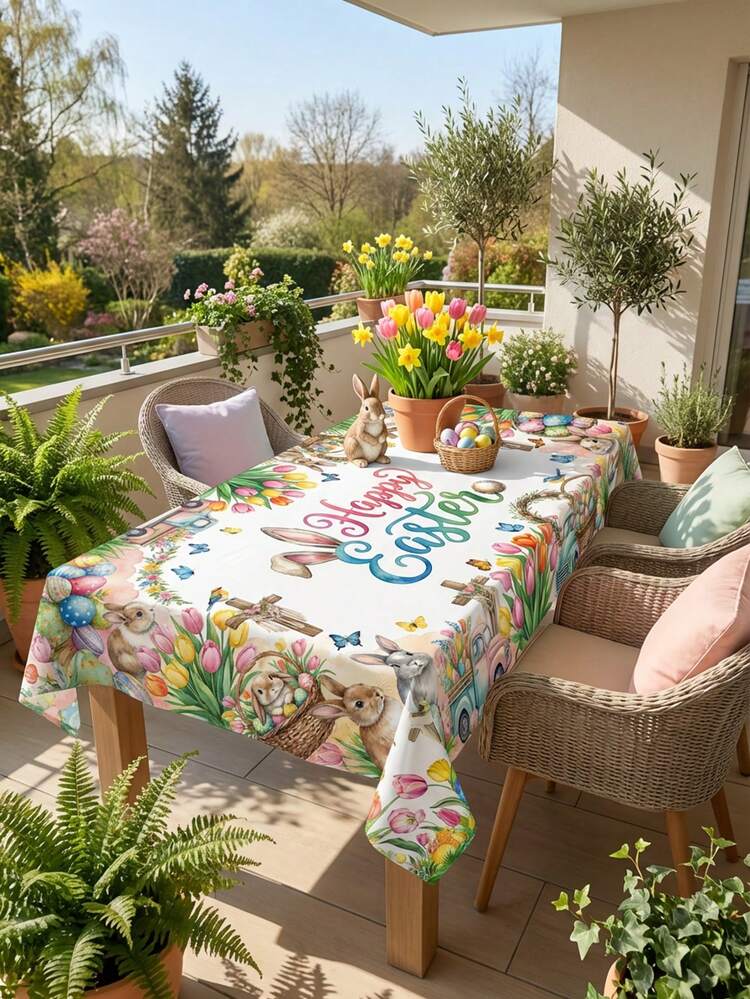 1pc-Easter Tablecloth 55 X 70 Inch Rectangle, Easter Table Cloth Bunny Eggs Truck Tablecloths For Party Home Dinner Decor - Multicolor - View 18