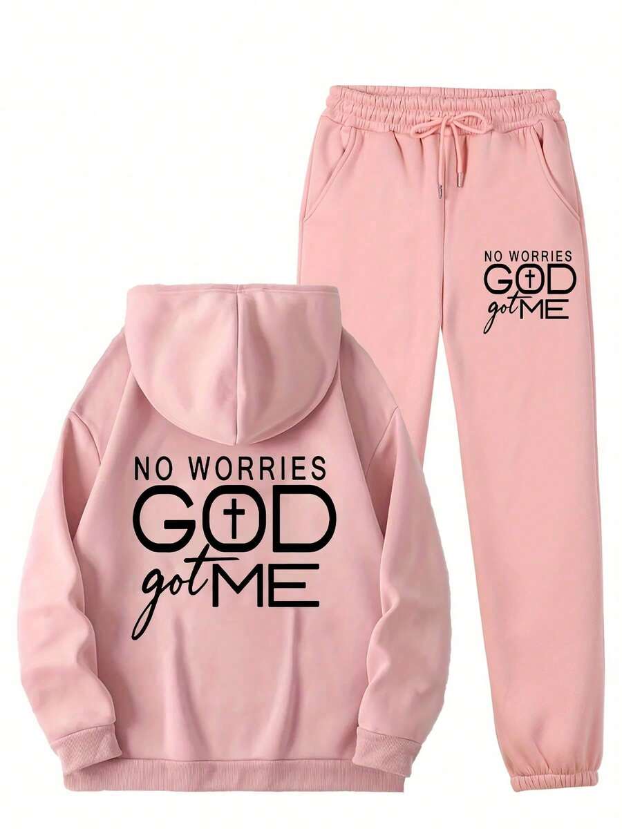 Fashion Hoodie Set] Fashion No Worries GOD Got Me Printed Hoodie And Sweatpants Set For Women, Kangaroo Pocket Outfit,Women's Spring And Autumn Clothing,Essential Winter Set,Women's Winter Clothing, Elegant Collection, Cute Sweater, Casual Attire, Comfortable Fit, Pullover Top, Stylish Women Winter Clothes For Women Winter Outfits For Women Two Piece Set Women 2 Piece Sets Woman Workout Sets Women Winter - 珊瑚粉 - 查看 1