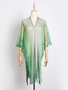 长款闪亮金色网纱沙滩围巾，多功能轻薄比基尼罩衫，时尚渐变流苏披肩，度假必备 - 彩色 - 查看 1