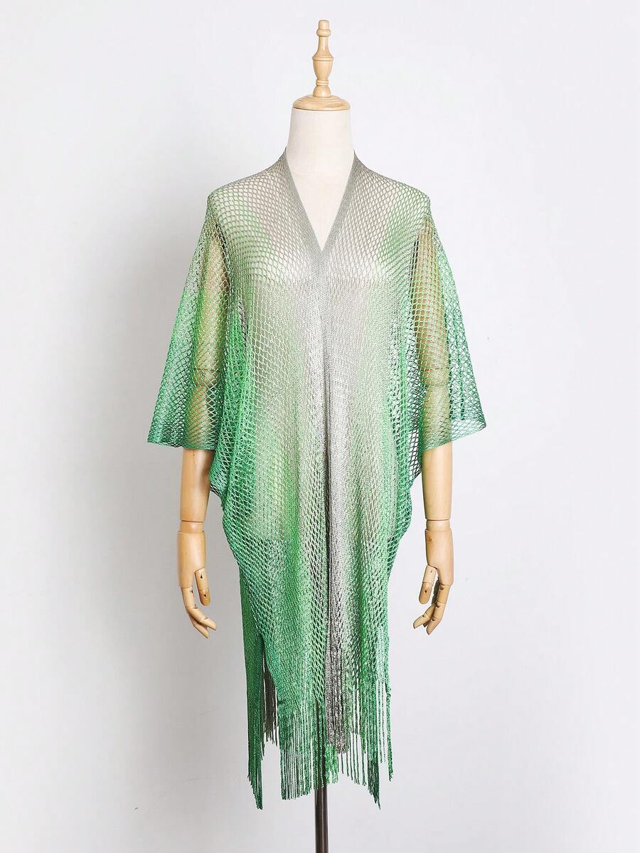 长款闪亮金色网纱沙滩围巾，多功能轻薄比基尼罩衫，时尚渐变流苏披肩，度假必备 - 彩色 - 查看 1