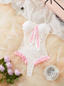 女士性感内衣，纯粹欲望，荷叶边装饰，镂空设计，撞色蕾丝，蝴蝶结点缀，性感兔女郎装，可爱睡衣，泰迪连体衣，毛绒兔耳尾巴连衣裙，性感内衣 - 白色 - 查看 4