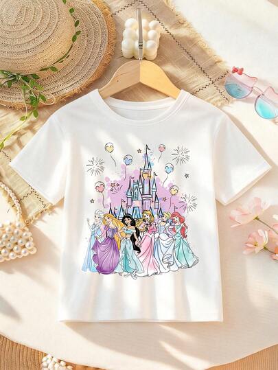  Disney Princess Print T-Shirt For Girls - Children's Clothing Design Short-Sleeve Casual Cute Style Comfortable And Relaxed Fit For Boys And Girls Perfect For Parties And Play Machine Washable Gift-Wrapped Children's Apparel Girls' Short-Sleeve Shirt