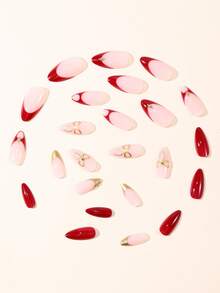 Bộ 24 miếng dán móng tay hình hạnh nhân màu đỏ tía trang nhã, kiểu Pháp, điểm xuyết nơ và ruy băng vàng. Những miếng dán móng tay lấp lánh, phủ kín toàn bộ bề mặt này rất thích hợp làm quà tặng năm mới cho phái nữ, dùng hàng ngày hoặc tự trang trí trong các bữa tiệc. (Dụng cụ làm móng) - Nhiều màu - Xem 4