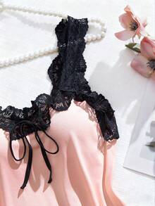 2pcs Women's Sexy Lingerie Set, Lace Trim Ruffle Top And Lace Panty, Comfortable Sleepwear Intimate Apparel