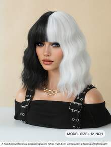 PIAOYUN 万圣节角色扮演假发，合成纤维假发，黑色带白色自然波波头波浪假发，带刘海，恶魔假发，女士适用 - 黑與白 - 查看 2