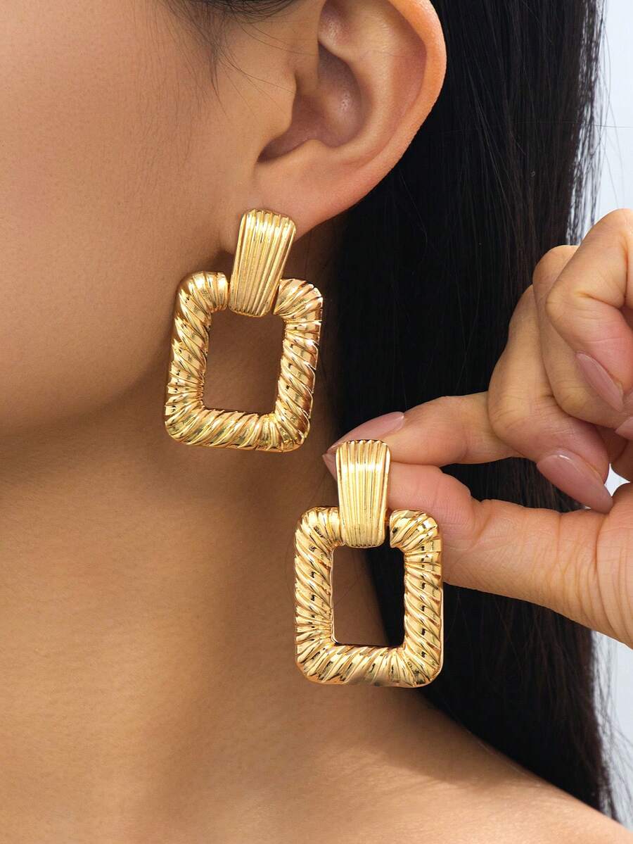 1 Pair Handmade Classic Versatile Gold Textured Hollow Geometric Pendant Earrings, Women Jewelry - Yellow Gold - View 1