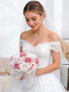 8.66 Inch Artificial Wedding Bouquet, Bridal Faux Pearl Veil Decorated Rose Bouquet, Suitable For Wedding Ceremony, Anniversary, Homecoming And Other Occasions, Valentine's Day Gift,Festival,Birthday - Multicolor - View 9