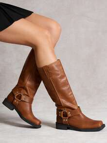 Women's Knee High Boots Slip On Riding Boots, Buckle Boots For Women, Sexy Squared Toe Low Chunky Heel Tall Motorcycle Boots Dance Party Booties - 棕色 - 查看 5