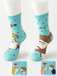 6 Pairs/4 Pairs/2 Pairs Unisex Blue Heart Kiss Pattern Mid-Calf Socks, Fashionable Combed Cotton Socks For Spring & Autumn - Multicolor - View 2