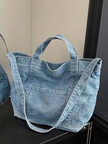 New Denim Fabric Women's Fashion Tote Bag, Large Capacity For Daily Casual, Commuting, Travel - Baby Blue - View 7