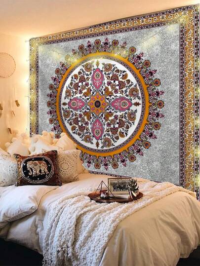 1pc Bohemian Mandala Pattern Tapestry, Large Size Decorative Hanging Cloth, Home Decor, Holiday Gift, Party Decoration, Live Streaming Background, Suitable For Living Room And Hotel, With Installation Bag (Accessories Included)