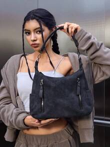Maillard Retro 2026 Matte Texture Large Capacity Fashion Versatile Shoulder Bag, High-End Beach Tote Handbag Shopping Bag, Unique Low-Key Commuter Zip Dual-Strap Crossbody Bag - màu đen - Xem 4