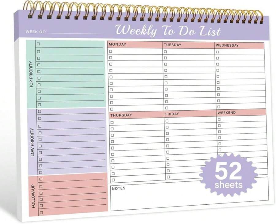 Weekly To Do List Notepad With 52 Undated Sheets(85"*11")- Weekly Desk Planner Pad With Spiral Binding For Women &Amp; Man, Office, School And Home Personal Organizer - FärgB - Visa 1
