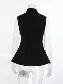女士优雅套装，春夏新款立领纽扣无袖束腰衬衫背心，黑色，适合日常通勤、海滩派对、约会、复活节、母亲节等场合。 - 黑色 - 查看 6