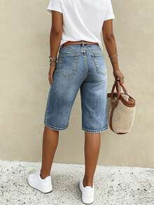 Quần short denim ống đứng cạp thấp dáng suông dành cho nữ: Kiểu dáng rộng rãi thời trang, quần short ống rộng dài đến đầu gối đa năng. - Rửa tối - Xem 3