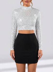 Sedessea 闪亮纯色优雅串珠紧身胸衣上衣，适合女性派对、生日、周年纪念、毕业典礼、返校节、舞会 - 銀色 - 查看 2