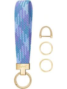Stretchy Wristlet Keychain, Cute Key Chain, Woven Wrist Lanyard For Car Keys With 3 Keyrings And D-Ring For Women Men - 丁香花 - 查看 9