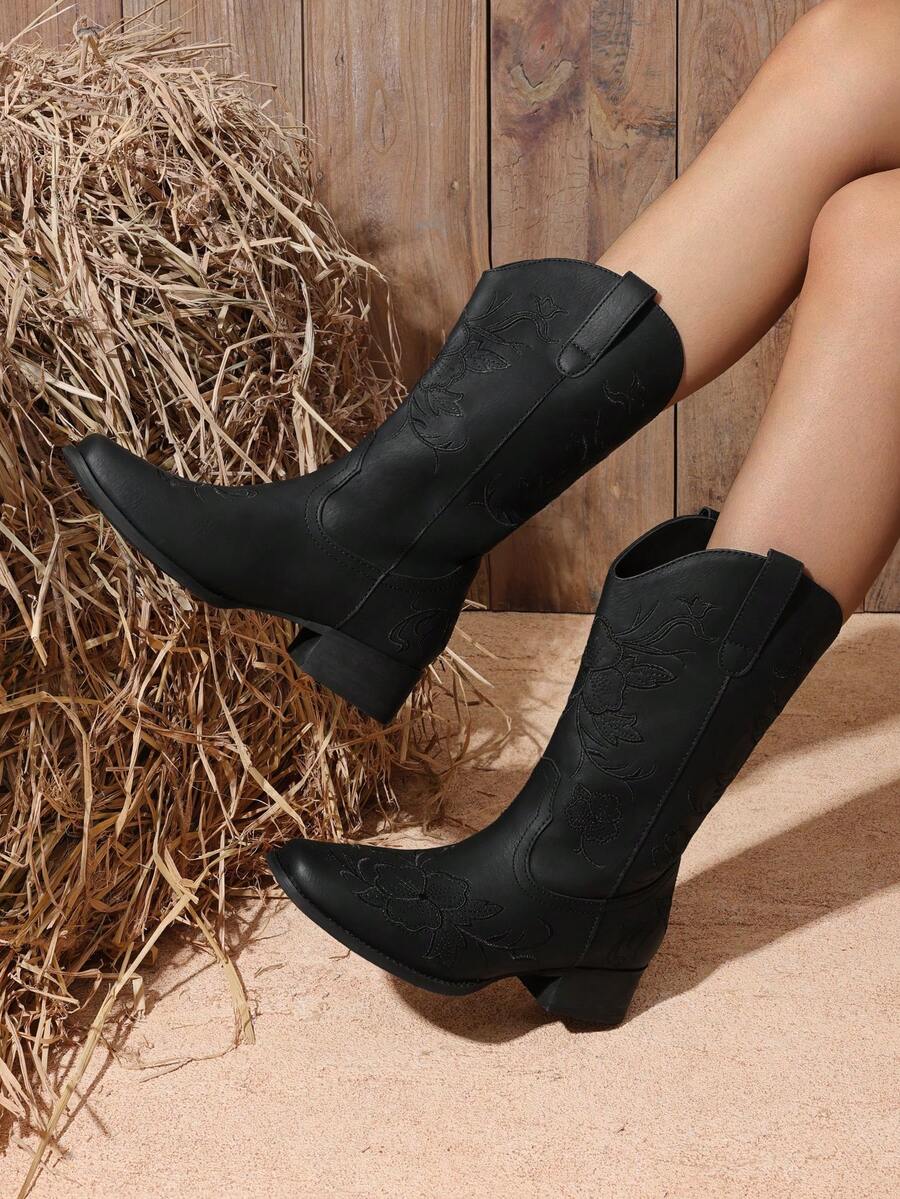 Women's Western Cowboy Embroidered Mid Calf Boots Square Toe  Chunky Low Heel For Country Music Festivals Theme Party And Concert All-Season Black Boots - Black - View 1