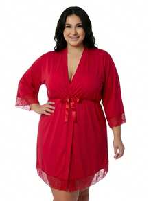 Women's Plus Size Robe In Romantic With Lace Detail And Satin Bow, Luxury, Comfortable, Red - 紅色 - 查看 1
